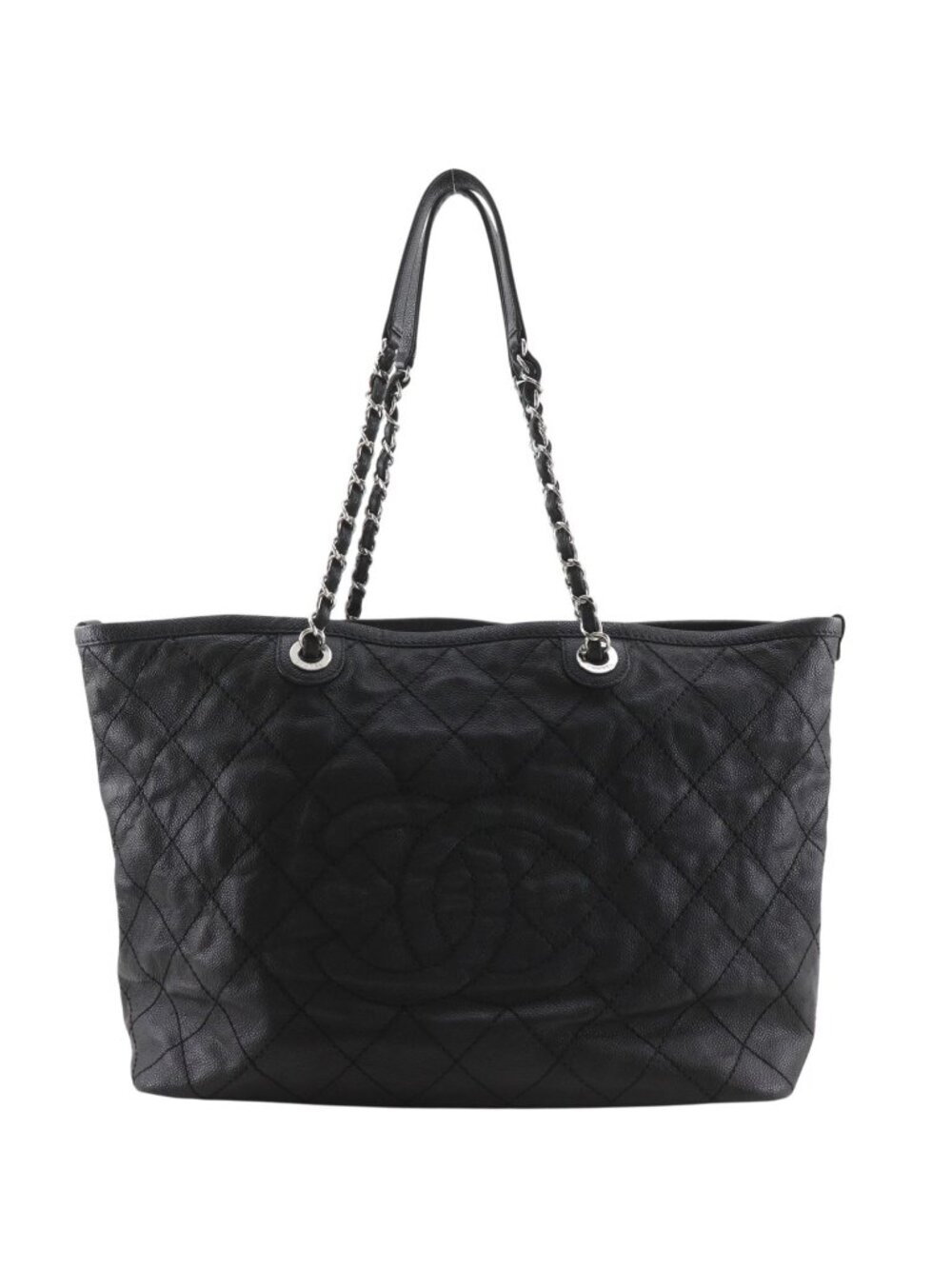 Chanel Chain Tote Quilted CC Logo Caviar Leather Black
